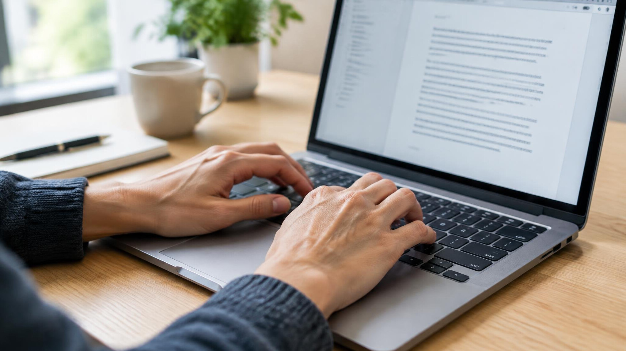 Hands typing on a laptop with code on screen