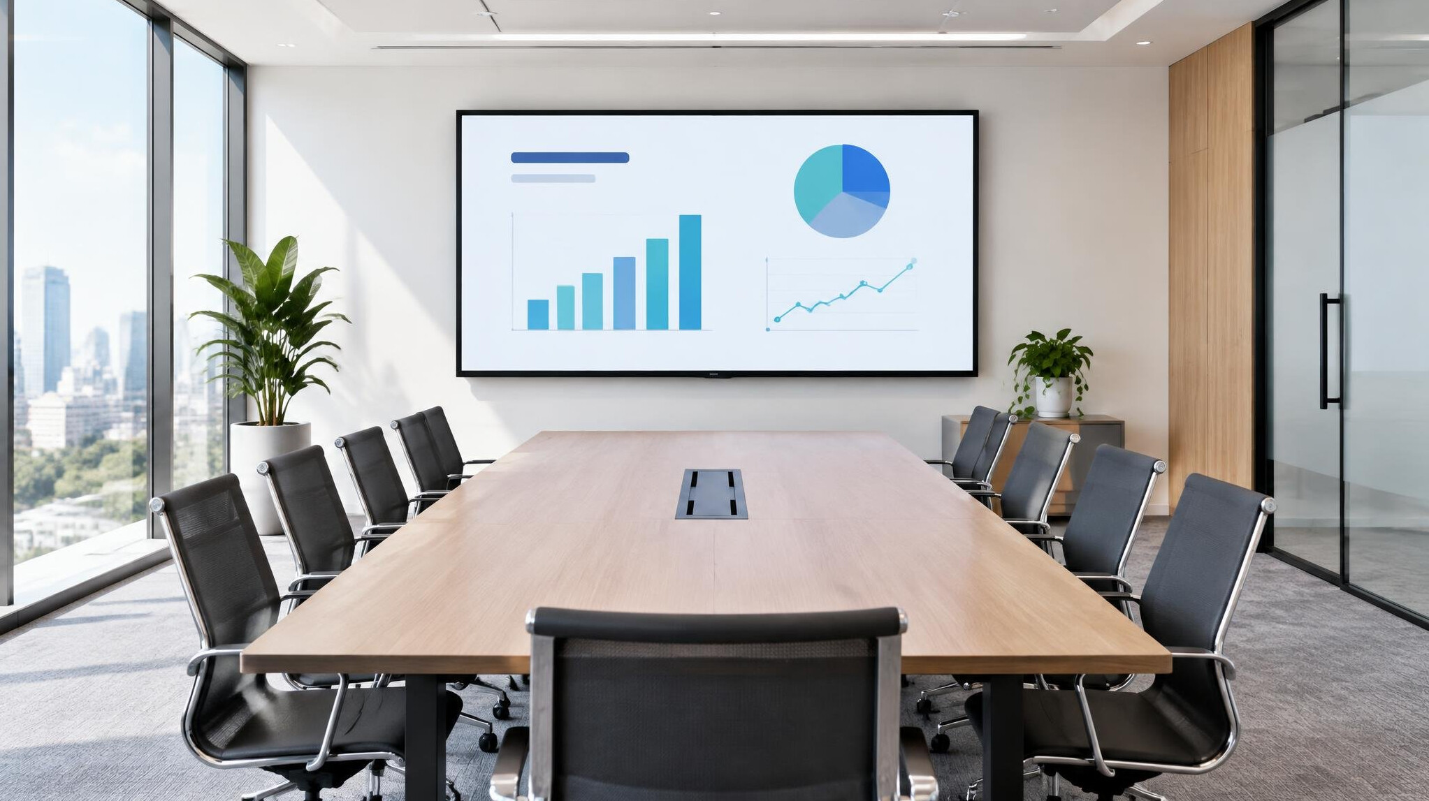 Presentation screen with charts in a meeting room