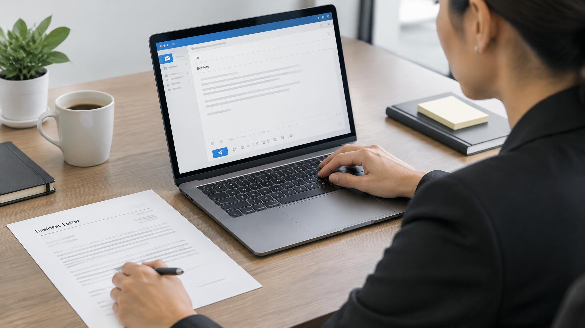 professional writing email on laptop